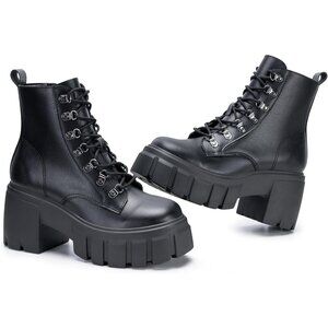Women’s Combat Black Lace up Side Zipper High Heel Chunky Ankle Lug Sole Booties